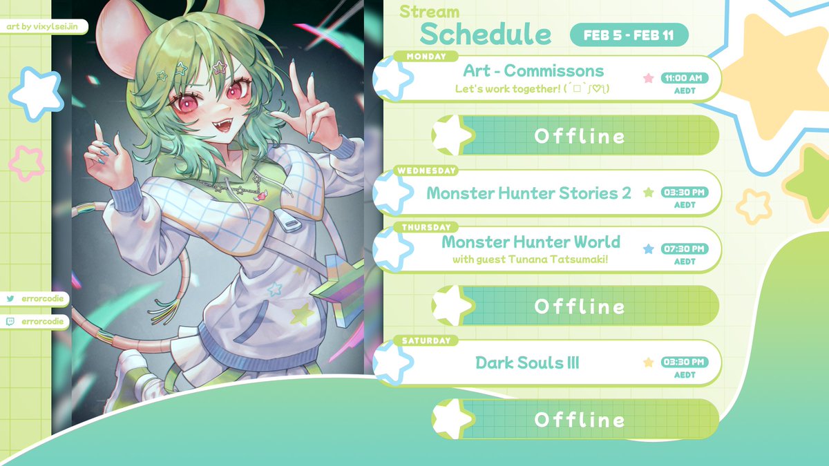 roriiexe's tweet photo. ˚₊‧꒰ა ☆ ໒꒱ ‧₊˚ Schedule Feb 5 - 11 ˚₊‧꒰ა ☆ ໒꒱ ‧₊˚      

Featuring editions in AEDT &amp; PST! 

See you there critter~ ꒰(͏ˊ•ꈊ•ˋ)꒱
#CodieLIVE #Vtubers https://t.co/QDRk7uHry9