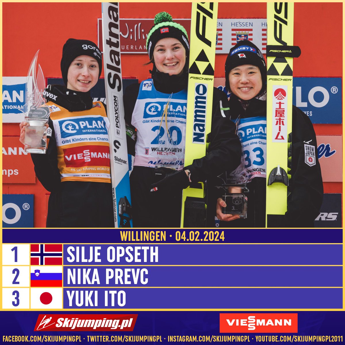 Skijumpingpl's tweet image. TOP3 - WC #Willingen Ladies 04.02.2024:

1. 🇳🇴Silje #Opseth
2. 🇸🇮Nika #Prevc
3. 🇯🇵Yuki #Ito

 Congratulations! #skijumpingfamily