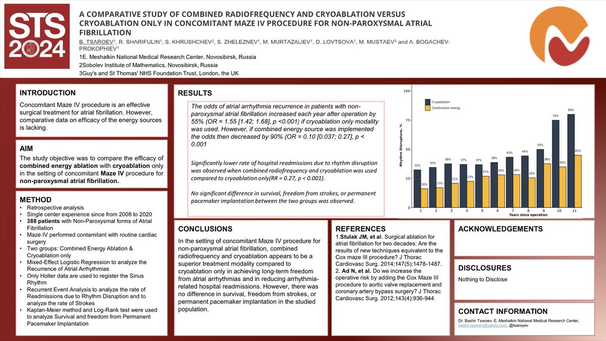 Bashir Tsaroev (@tsaroyev) on Twitter photo Have you seen our abstract on #STS 60th Annual Meeting?
We compared the long term results of combined energy ablation versus cryoablation alone in patients with non-paroxysmal #AF in the setting of #Maze_IV procedure
The article is coming soon
<a href="/annalsthorsurg/">The Annals of Thoracic Surgery</a> <a href="/STS_CTsurgery/">The Society of Thoracic Surgeons</a> Have you seen our abstract on #STS 60th Annual Meeting?
We compared the long term results of combined energy ablation versus cryoablation alone in patients with non-paroxysmal #AF in the setting of #Maze_IV procedure
The article is coming soon
<a href="/annalsthorsurg/">The Annals of Thoracic Surgery</a> <a href="/STS_CTsurgery/">The Society of Thoracic Surgeons</a>