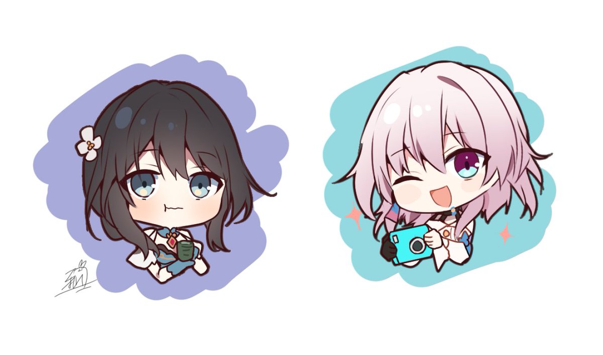 march 7th (honkai: star rail) one eye closed hair flower chibi flower hair ornament holding pink hair  illustration images