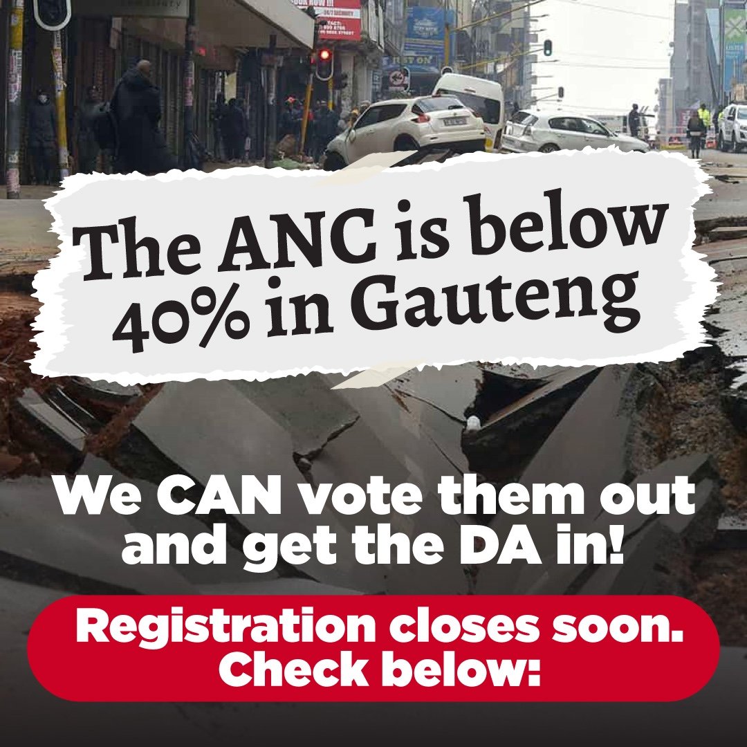 🔴 [FACT] The ANC is polling below 40% in Gauteng. If you register today and vote DA in the upcoming general elections, Gauteng will be free from rot and corruption. Stop the decay, #RegisterToVoteDA.

Kickstart your registration process at check.da.org.za or dial
