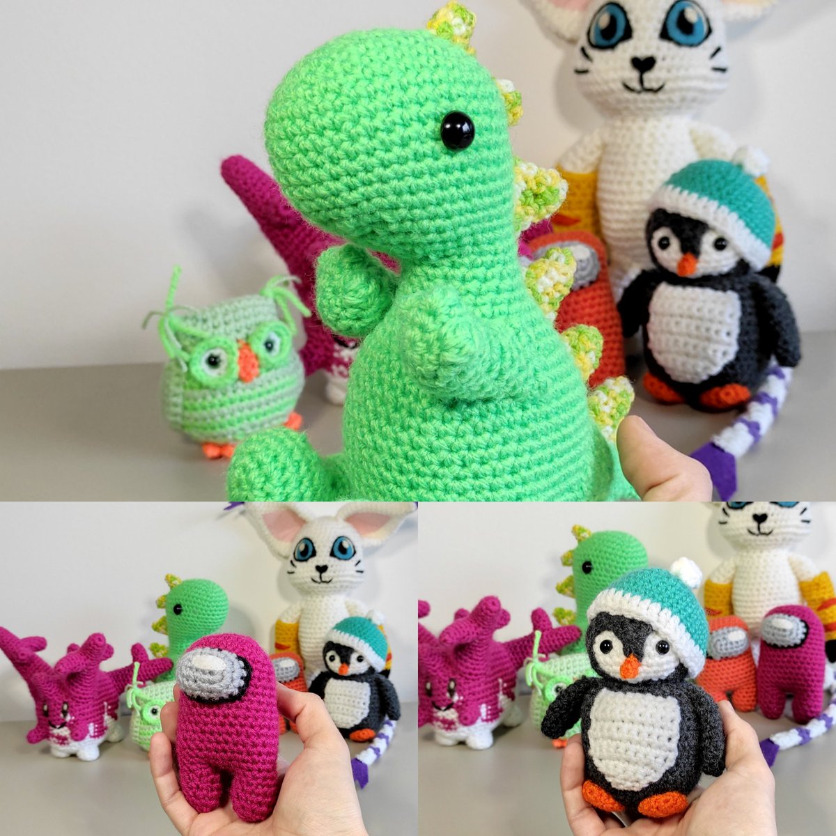 Over the last few days, I've been sorting out a few things in the apartment. I "found" these Plushies again. Maybe someone is interested in them, they are still for sale :)

#amigurumi #crochet #dinosaur #pinguin #häkeln #amongus #pokemon #digimon
