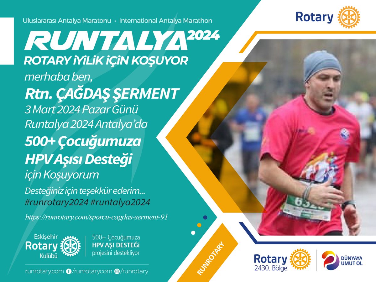 merhaba, ben ÇAĞDAŞ ŞERMENT,
ben de #runrotary projesinde 500+ Çocuğumuza HPV AŞISI DESTEĞİ için koşuyorum. Destekleriniz için teşekkür ederim.
Bağışlarınız için: runrotary.com/sporcu-cagdas-…

#hpvaşısıolkanserolma #hpv #HPVVaccine #hpvawareness #eskişehirrotary #runforgood #rotaryrun