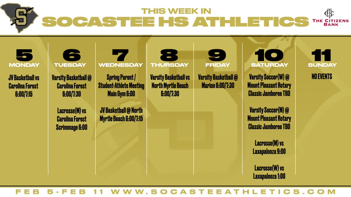 SocasteeHS's tweet photo. This Week in Socastee Athletics: 2/5-2/11 ๐๐คผ๐ฃ๐๐ฅ#GoldBlood #DefendTheBridge #Positive #Team ๐ก๐๐๏ธ https://t.co/jVVJ5oY0pM
SPRING PARENT MEETING 2/7/24 6:00PM MAIN GYM
โพ๏ธ๐ฅโฝ๏ธ๐ฅ๐พ๐โณ๏ธ https://t.co/UldgELL0du