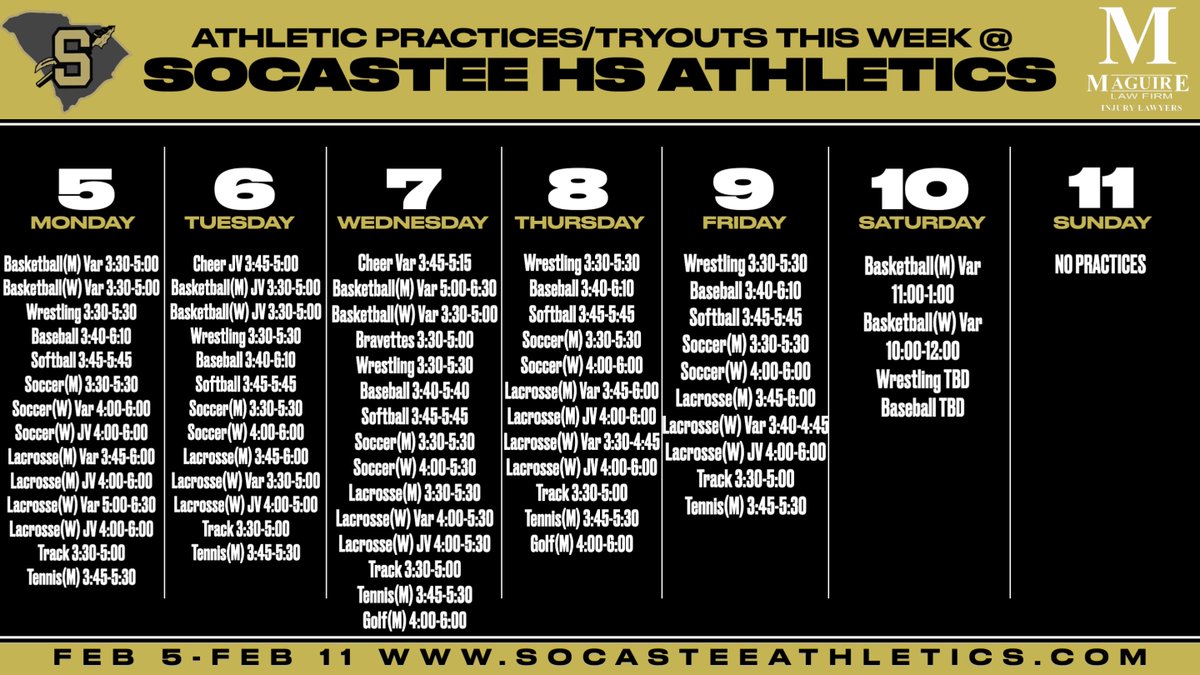 SocasteeHS's tweet photo. This Week in Socastee Athletics: 2/5-2/11 ๐๐คผ๐ฃ๐๐ฅ#GoldBlood #DefendTheBridge #Positive #Team ๐ก๐๐๏ธ https://t.co/jVVJ5oY0pM
SPRING PARENT MEETING 2/7/24 6:00PM MAIN GYM
โพ๏ธ๐ฅโฝ๏ธ๐ฅ๐พ๐โณ๏ธ https://t.co/UldgELL0du