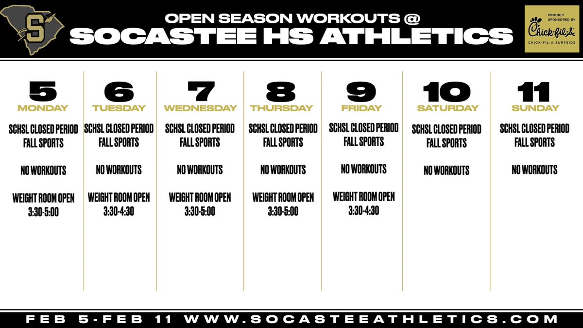 SocasteeHS's tweet photo. This Week in Socastee Athletics: 2/5-2/11 ๐๐คผ๐ฃ๐๐ฅ#GoldBlood #DefendTheBridge #Positive #Team ๐ก๐๐๏ธ https://t.co/jVVJ5oY0pM
SPRING PARENT MEETING 2/7/24 6:00PM MAIN GYM
โพ๏ธ๐ฅโฝ๏ธ๐ฅ๐พ๐โณ๏ธ https://t.co/UldgELL0du