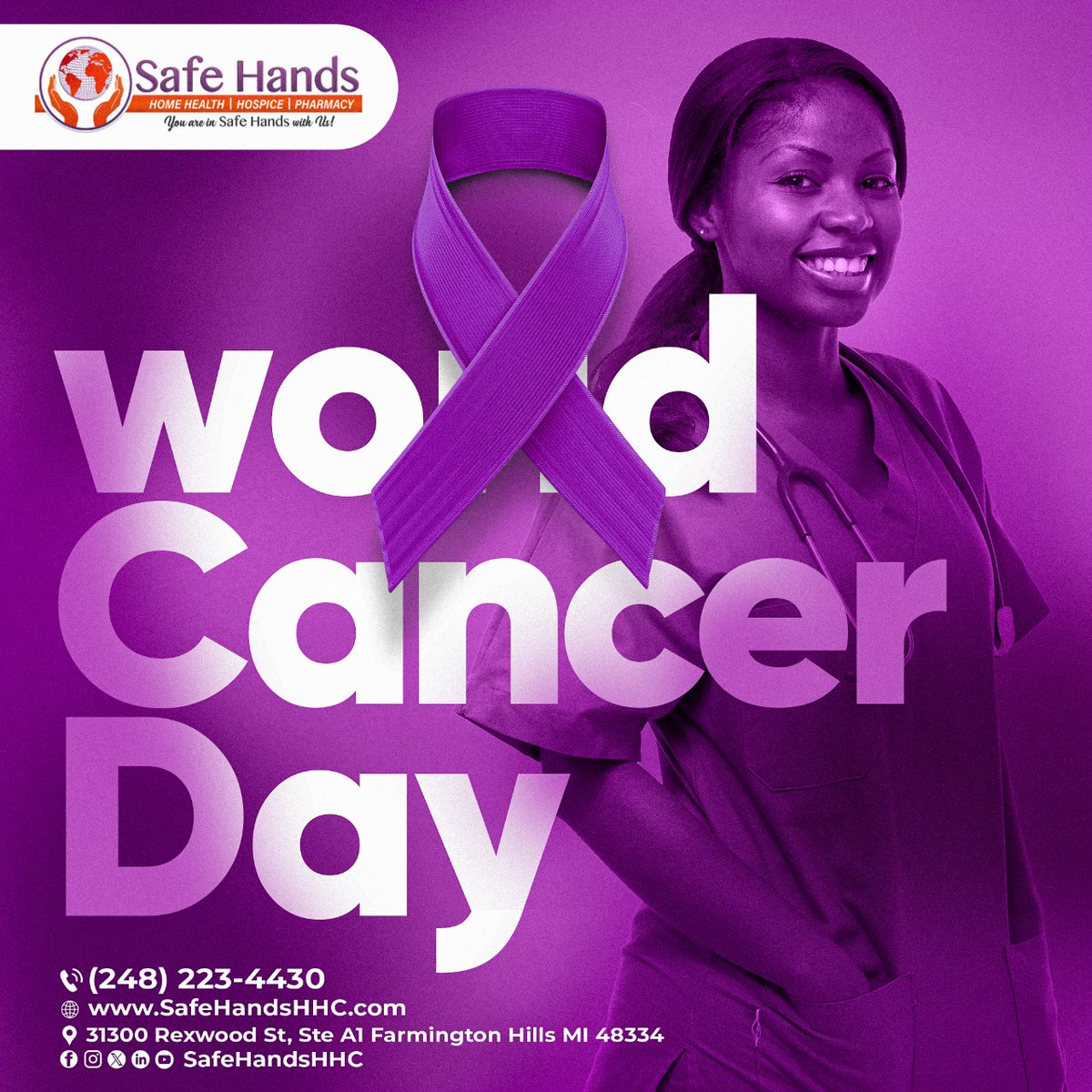 Together, we can make a difference. Join us in raising awareness on World Cancer Day. 💜

#SafeHandsHHC #WorldCancerDay #CancerAwareness #4thFeburary #staystrong #fightwithcancertogether #safetheworld #homehealthcare #Michigan