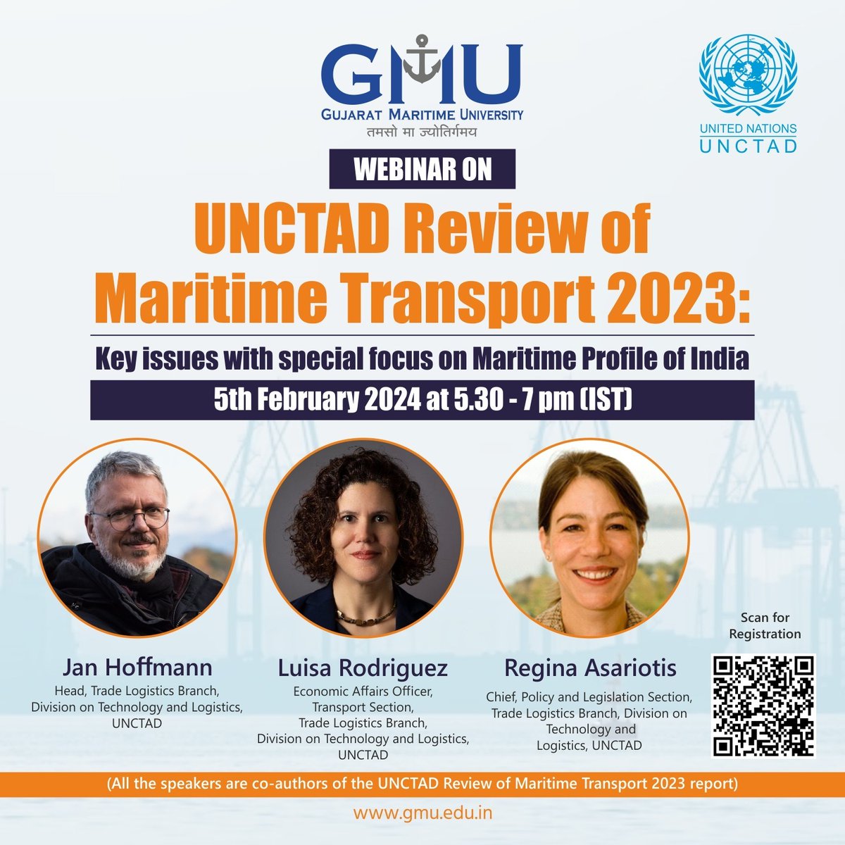 Gujarat Maritime University is pleased to organize a Webinar on 'UNCTAD Review of Maritime Transport 2023: Key issues with special focus on Maritime Profile of India' on 5th February’24 at 5.30 PM (IST). Register Now!! #GMU #Maritime #Transport #Webinars