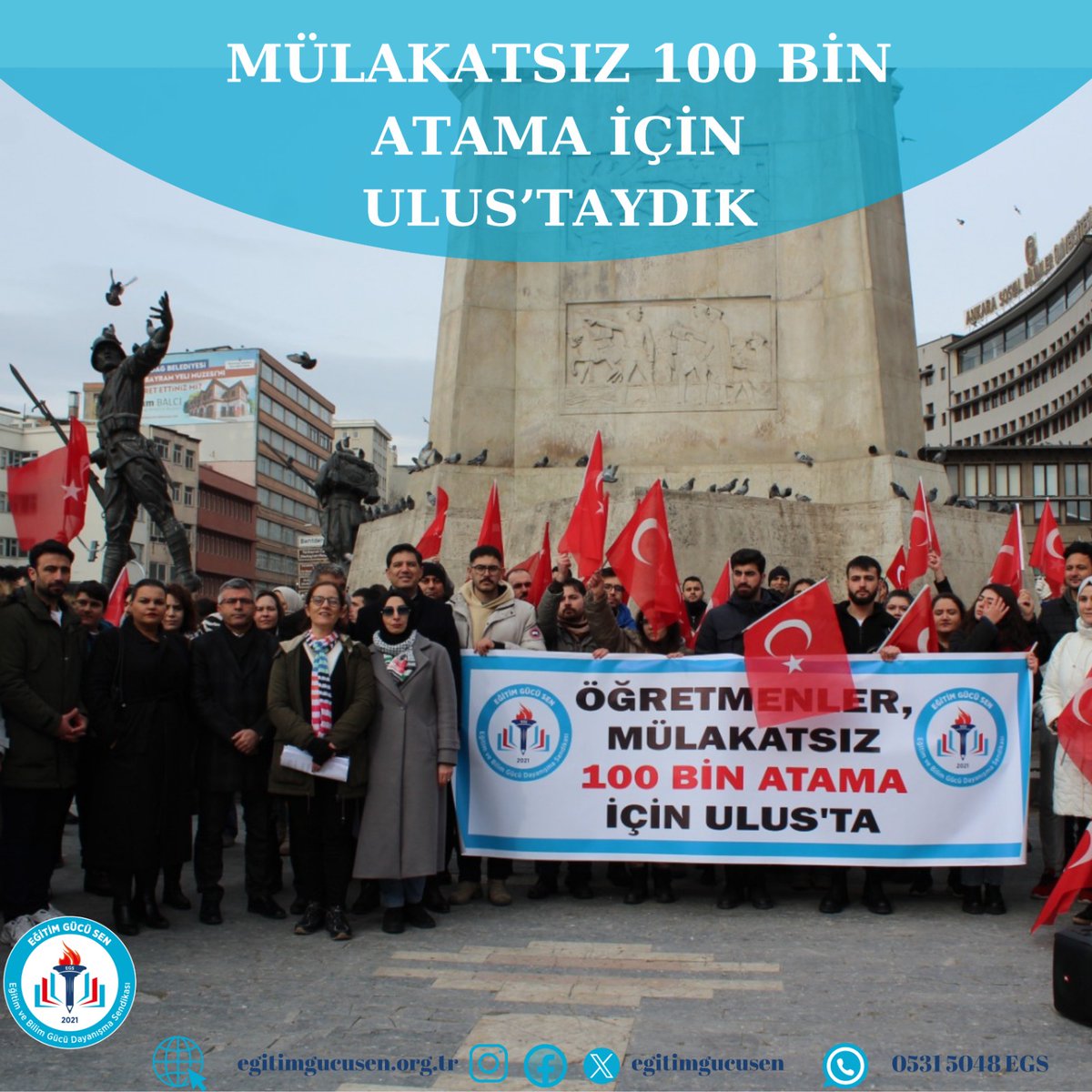 Bugün öğretmenler öğrencilerine kavuşmak için Ulus'taydı.
#UlustaMülakatsız100BinAtama talep ettiler. 
Eğitim Gücü Sendikası olarak biz de yanlarındaydık.
Cumhuriyetin 100. yılında ücretli öğretmenlerle, birleştirilmiş sınıflarla eğitim yürütülmeye çalışılmaz. Halihazırda