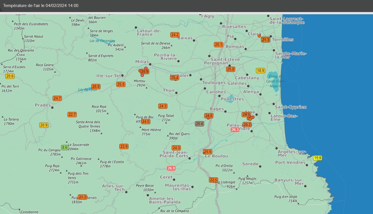 JeromeDreano's tweet photo. #meteo #france 🌡️Nous sommes bien le 4 février et une température jusqu'à 27.4°C a été enregistrées à Céret à 13h30 dans les #PyreneesOrientales
🗺️Carte des températures à 14h00 #meteodata @meteoconcept https://t.co/pcBx5z1Rx4
