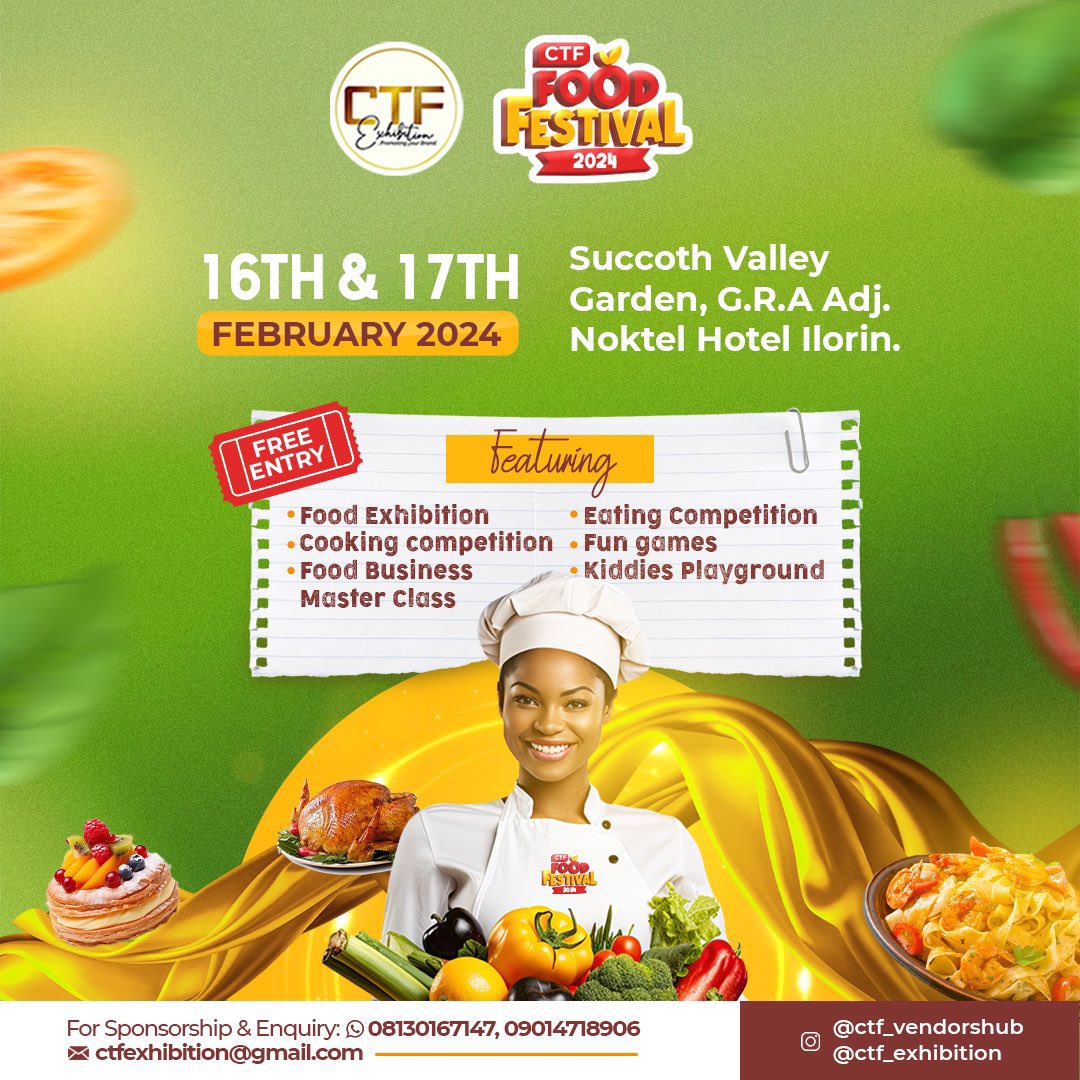Good Food, Drinks, cooking competition, eating competition, face painting fun games with loads of prizes to be won at CTF Food Festival 2024.

Don’t miss this #FoodFestival. 

Venue: Succoth Garden, Adjacent Noktel Hotel, GRA Ilorin.

Save the date: February 16 & 17 

Check…