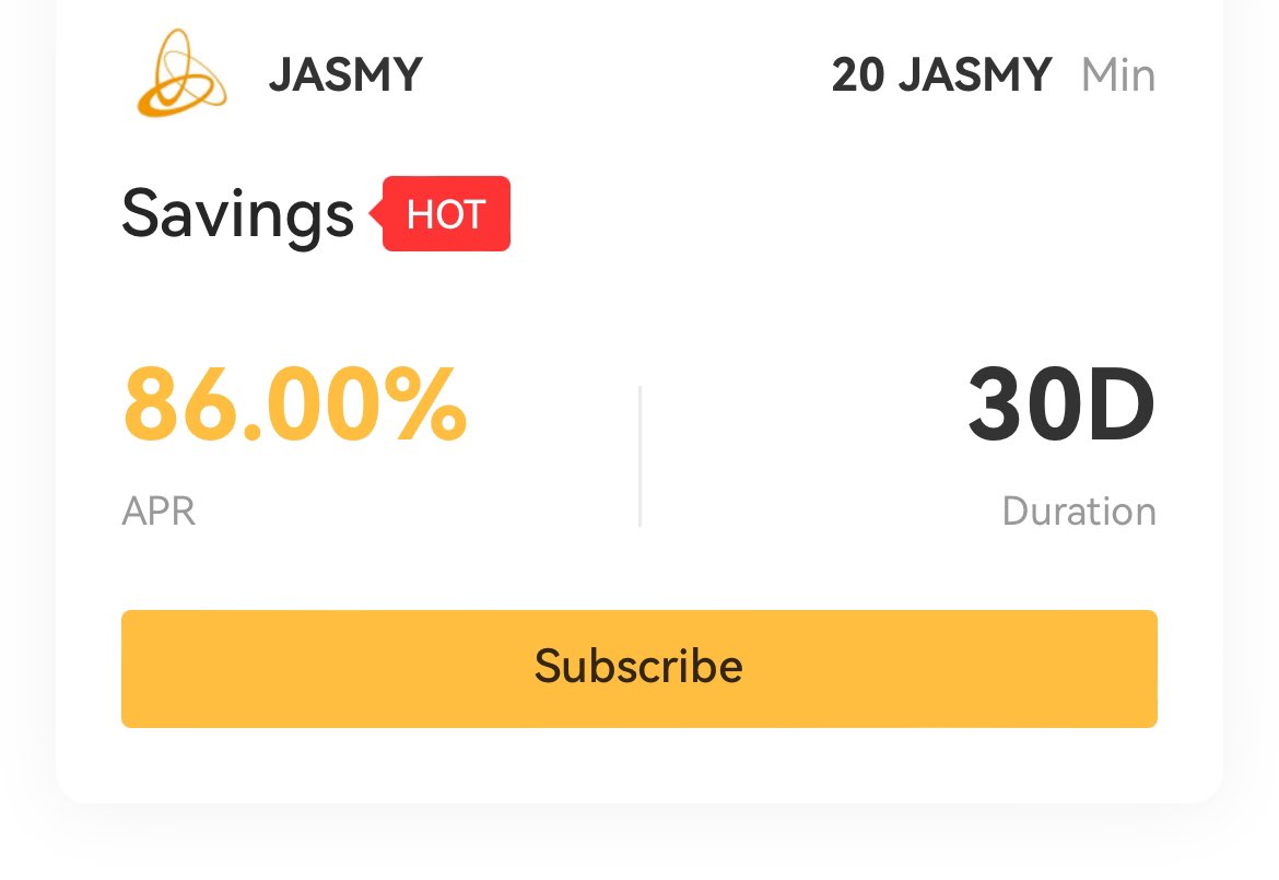 Jasmyの30日間セービングでAPR最大86%で稼働中！1人272,530枚まで。