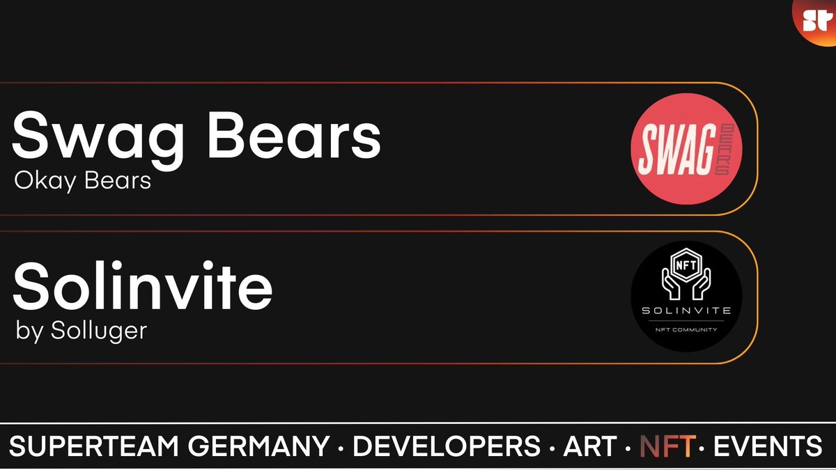 NFT

◆ There are two big and active NFT DAOs in Germany I want to mention:

☛ <a href="/SwagBears/">SWAG Bears</a> from (<a href="/okaybears/">Okay Bears</a>), fun fact: swag stands for Switzerland, Austria and Germany

☛ <a href="/solinvite/">🇩🇪 Solinvite Web3 Deutschland</a> by <a href="/Solluger/">Solluger 🇩🇪</a>