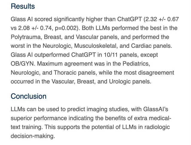 Dereck Paul MD (@dereckwpaul) on Twitter photo Glass.health outperforms ChatGPT for radiologic decision-making in this early study.🩺🏥🩻🧠
A brilliant paper by <a href="/hossamzki/">Hossam 🧬</a> and team <a href="/BrownUniversity/">Brown University</a> & <a href="/ColumbiaMedNews/">ColumbiaMedicine</a> was published in <a href="/JACRJournal/">JACR</a> on LLMs for radiologic decision-making.
In-preprint and well worth Glass.health outperforms ChatGPT for radiologic decision-making in this early study.🩺🏥🩻🧠
A brilliant paper by <a href="/hossamzki/">Hossam 🧬</a> and team <a href="/BrownUniversity/">Brown University</a> & <a href="/ColumbiaMedNews/">ColumbiaMedicine</a> was published in <a href="/JACRJournal/">JACR</a> on LLMs for radiologic decision-making.
In-preprint and well worth
