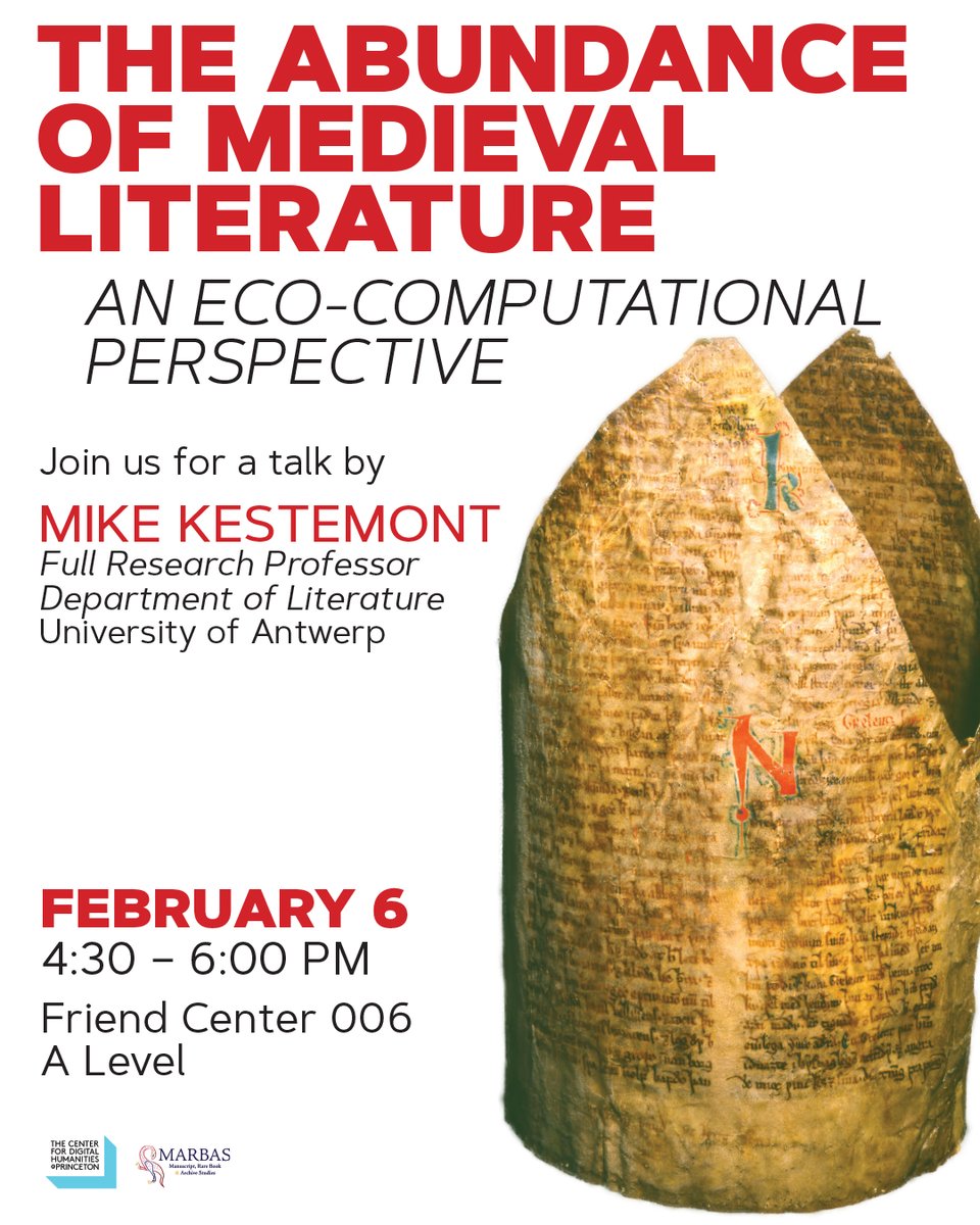 Join us this Tuesday, 2/6 at 4:30pm, for our first talk of the new year! @Mike_Kestemont will speak on 'The Abundance of Medieval Literature: An Eco-Computational Perspective'. RSVP: forms.gle/R1Hqk5hVy3ASHa… Event info: bit.ly/Kestemont @MARBASPrinceton #PrincetonCDH