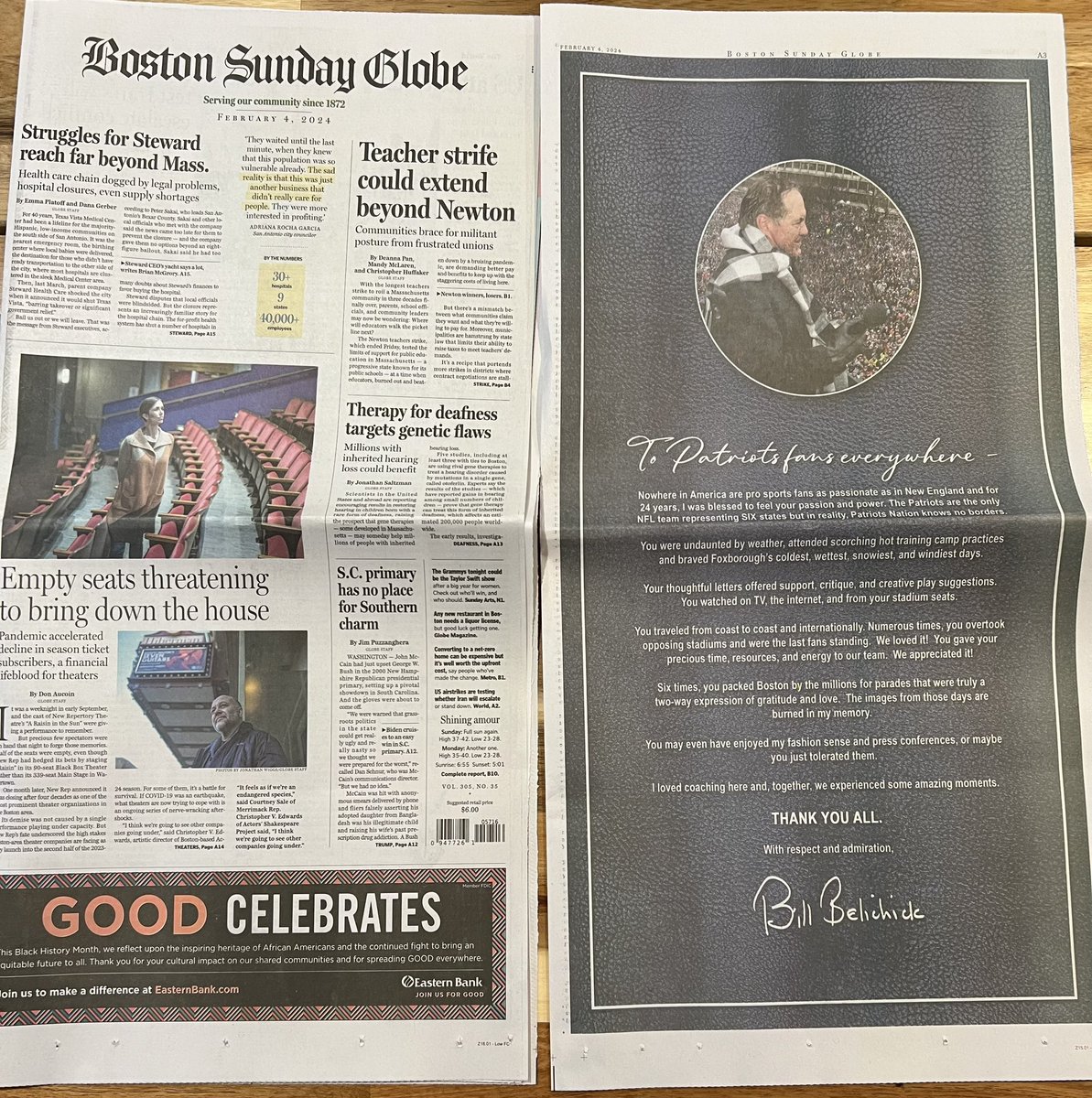 BostonCream's tweet image. Bill Belichick took a out a full page in the Boston Globe today to thank New England. He’s the 🐐