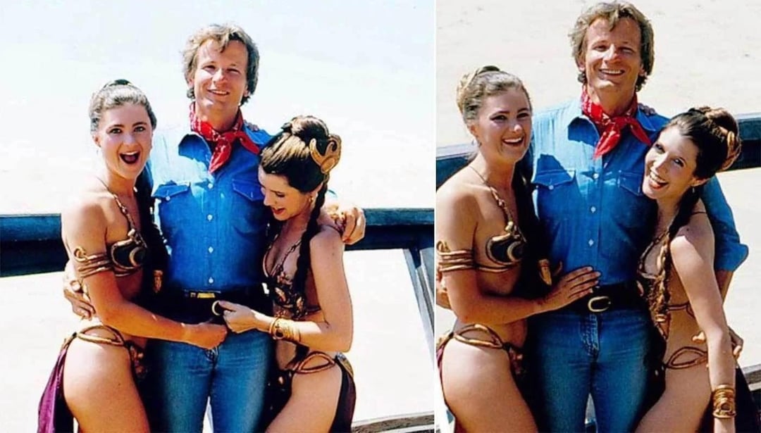 Carrie Fisher and her stunt double with Harrison Ford's stunt double at the beach, 1982