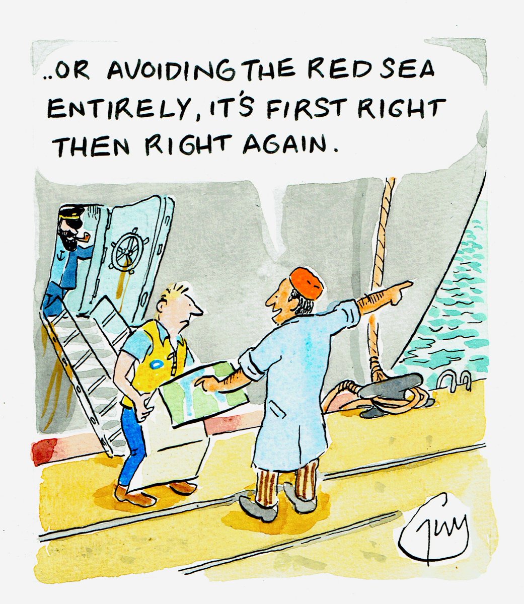 My cartoon for Monday's @metrouk @MetroPicDesk with a little influence from Herge. #RedSea #Houthis #SyriaUnderAttack #merchantnavy #Tintin