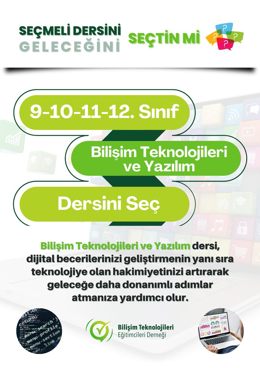 2024-2025 Eğitim Öğretim Yılı ders seçimleri başladı 
Seçmeli Dersini Seçtin mi?
Geleceğini Seçtin mi?
5-6. Sınıf #RobotikKodlama
6-7. Sınıf #DijitalSanatlar
7-8. Sınıf #YapayZekaUygulamaları
9-10-11-12. Sınıf #BilişimTeknolojileriveYazılım 
<a href="/btedernegi/">BTE Derneği</a> #btederneği #SeçmeliDers