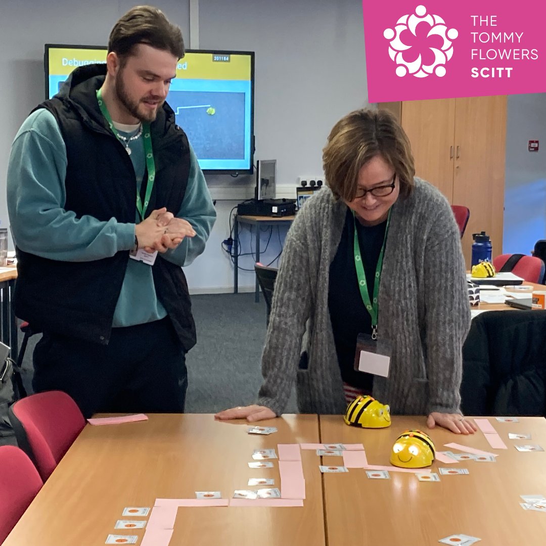Huge thanks to <a href="/loisbeshiri/">Lois Beshiri</a> from @ComputingHubMKN. Trainees learned about progression from an unplugged to concrete to abstract pedagogy and computational thinking and used Beebots to put into practice.
#TFSCITT #teachertraining #MiltonKeynes #computing #teachcomputing #Beebots