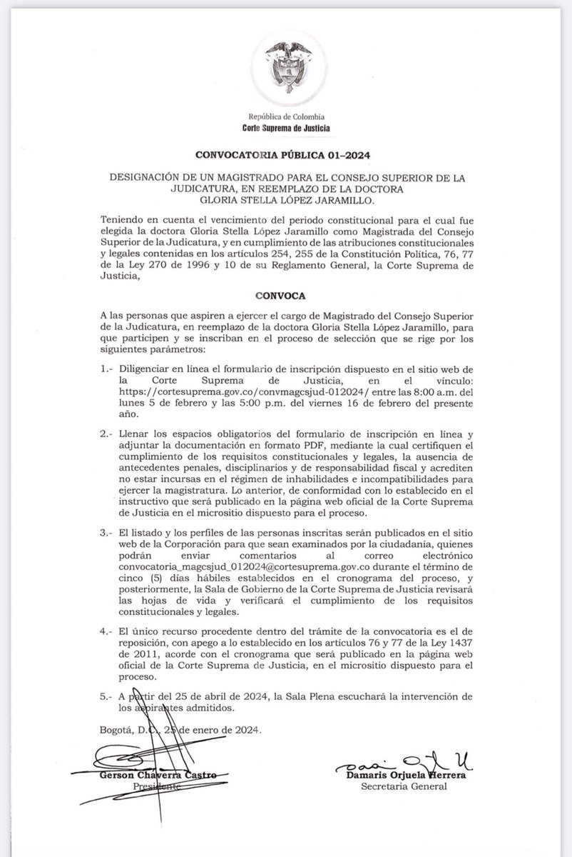 anaramosse1's tweet photo. ⚖️ 🗳️ Convocatoria de la @CorteSupremaJ para el cargo de magistrada/o del Consejo Superior de la Judicatura. Inscripciones hasta el 16.02.24

Muy importante. Este año cambian 2 de los 6 miembros del @judicaturacsj 

https://t.co/cFdBvBb8zk https://t.co/ExuPA5qKOa