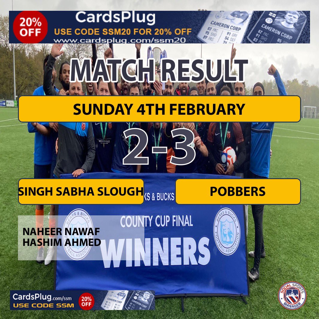 Singh Sabha Slough FC (@sabhafc) on Twitter photo Sabha Sunday team knocked out of the Bob Smith as Pobbers grab a late winner in a pulsating cup quarter final. After coming back twice Sabha missed host of chances to win the game as Pobbers snatch it at the end.
Goalscorers
Naheer ⚽️
<a href="/hashim_A786/">Hashim Ahmed</a> ⚽️
MOM - Sunny K 🏆 Sabha Sunday team knocked out of the Bob Smith as Pobbers grab a late winner in a pulsating cup quarter final. After coming back twice Sabha missed host of chances to win the game as Pobbers snatch it at the end.
Goalscorers
Naheer ⚽️
<a href="/hashim_A786/">Hashim Ahmed</a> ⚽️
MOM - Sunny K 🏆