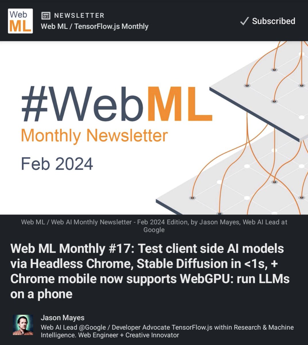 jason_mayes's tweet image. 🕸 #WebML / #WebAI Monthly #17: Test client side AI models in Headless Chrome, Stable Diffusion in &amp;lt;1s, +Chrome mobile now supports WebGPU: run LLMs on a phone. Have a read, and invite your team / friend to sub. Tag me in your Web AI finds for next edition
linkedin.com/pulse/web-ml-m…