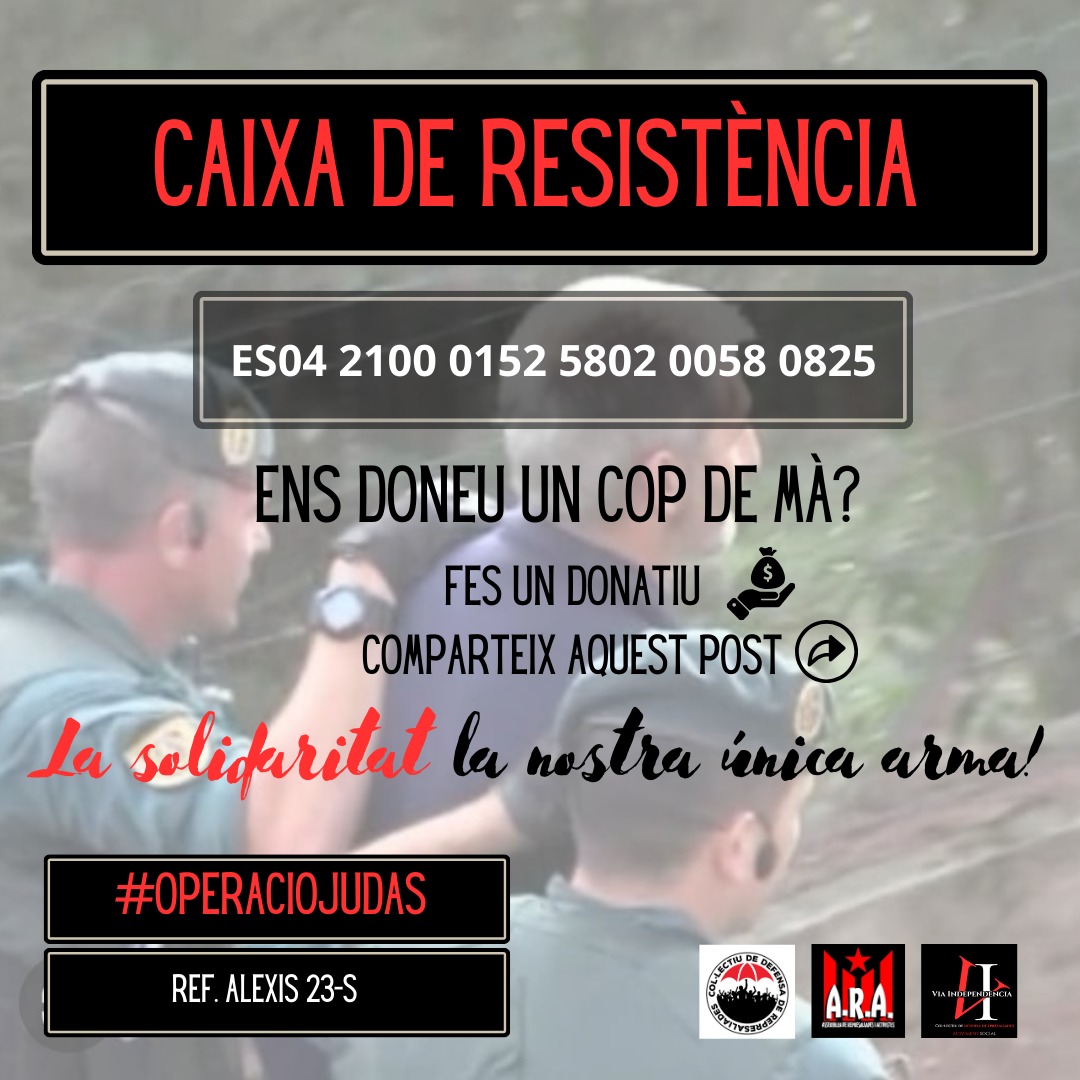 JAbsolucio's tweet photo. 🔴CRIDA SOLIDÀRIA🔴

Necessària x cobrir la provisió d fons q tenim pendent d l'Alexis

Hem d pagar la setmana vinent

L'ALEXIS va ser detingut el 23-S i empresonat a Soto del Real
#OperacioJudas

Ajudeu-nos!
Fes un donatiu i comparteix!

Ref: Alexis 23-S
ES0421000152580200580825 https://t.co/OEvflVg0B5