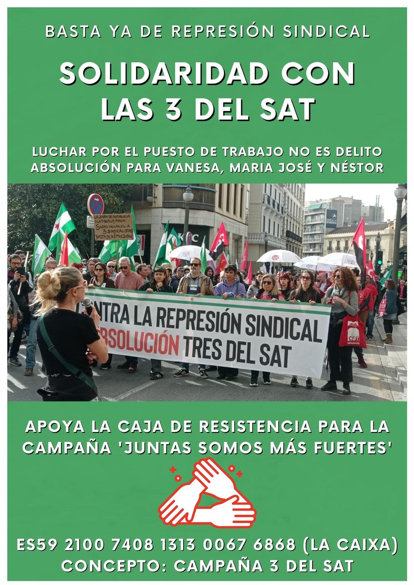 NestorAndalucia's tweet photo. Llamamiento para apoyar la Caja de Resistencia para las 3 del SAT: Hemos iniciado una campaña para denunciar la represión de la Junta de Andalucía del Partido Popular, que nos pide  5 años de cárcel por una acción sindical. Se agradece difusión 👇 https://t.co/J3J2h0f8p5