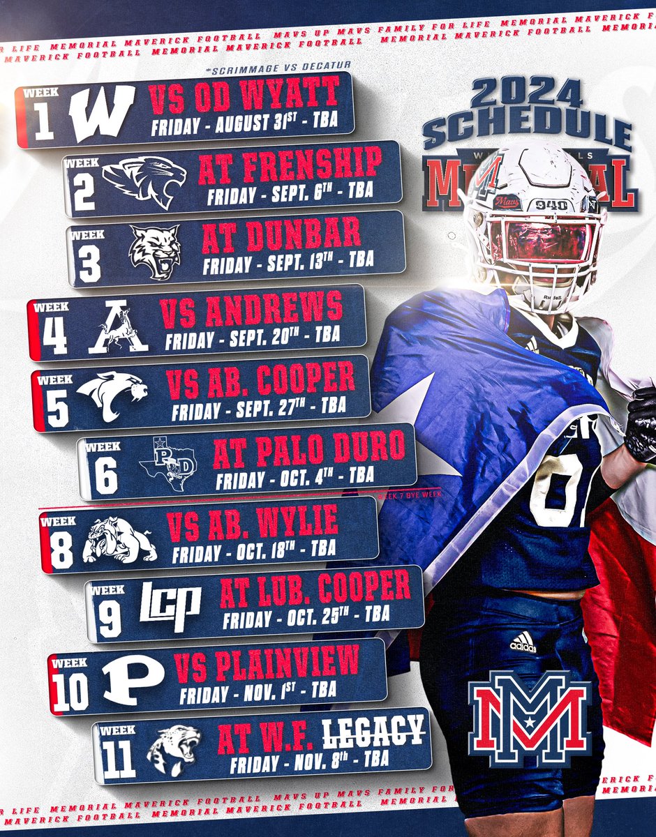 MaverickFBWF's tweet image. 🔴🔵⚪️SCHEDULE⚪️🔵🔴

The Inaugural schedule for your Memorial Mavs!!

#MavsonTop #1stClass #MavFFL