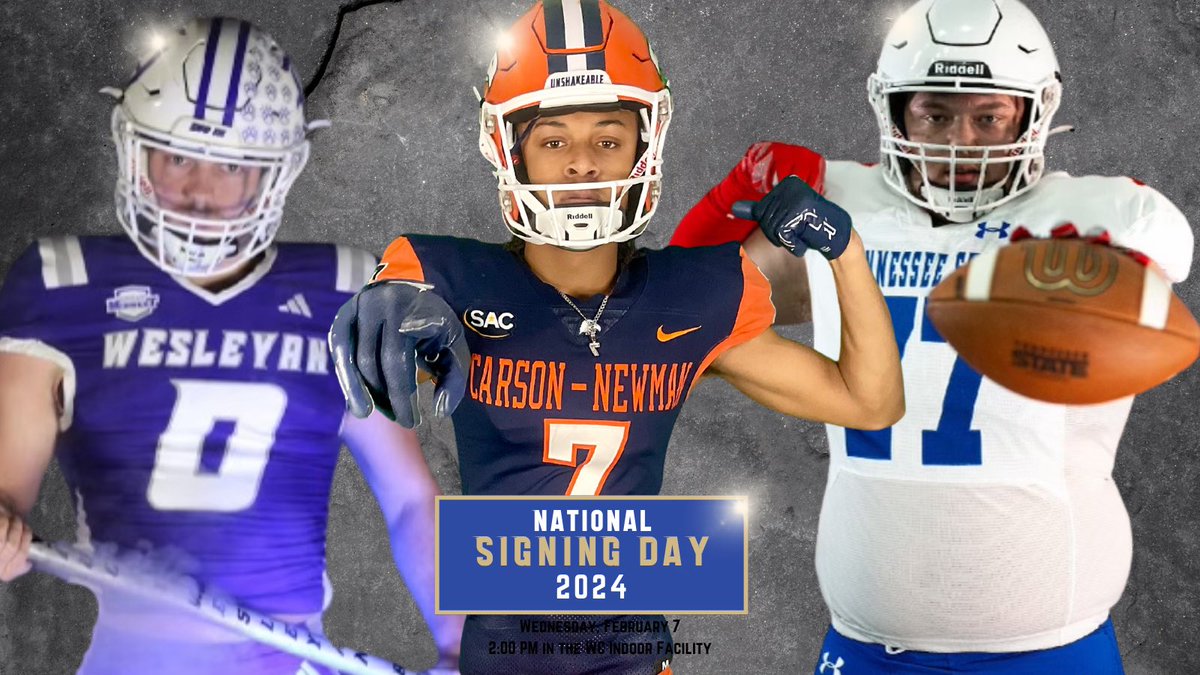 National Signing Day this Wednesday, 2PM in the WC Indoor Facility. Come celebrate our first group to sign in the 2024 class! 
<a href="/juelle_davis/">JuJu Davis</a> to <a href="/cnfootball/">Carson-Newman Football</a>
<a href="/EthanKimes1/">Ethan Kimes</a> to <a href="/kwc_football/">Kentucky Wesleyan Football</a> 
<a href="/BorbaOwen/">Owen Borba</a> to <a href="/TSUTigersFB/">Tennessee State Football</a>