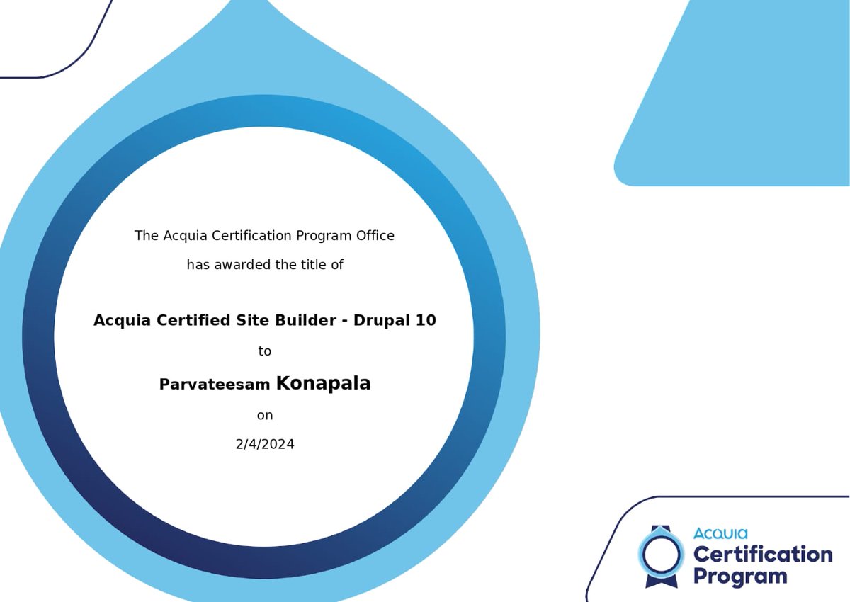 I am happy to share that I've obtained a new certificate: Acquia Certified Site Builder - Drupal 10