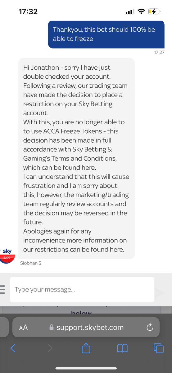 JonoBlake19's tweet photo. @SkyBet @SkyBetHelp is this how you treat all your customers? Not giving any valid reason to restrict my account. And your customer service was shocking just leaving the chat. https://t.co/HakqPKhxjm
