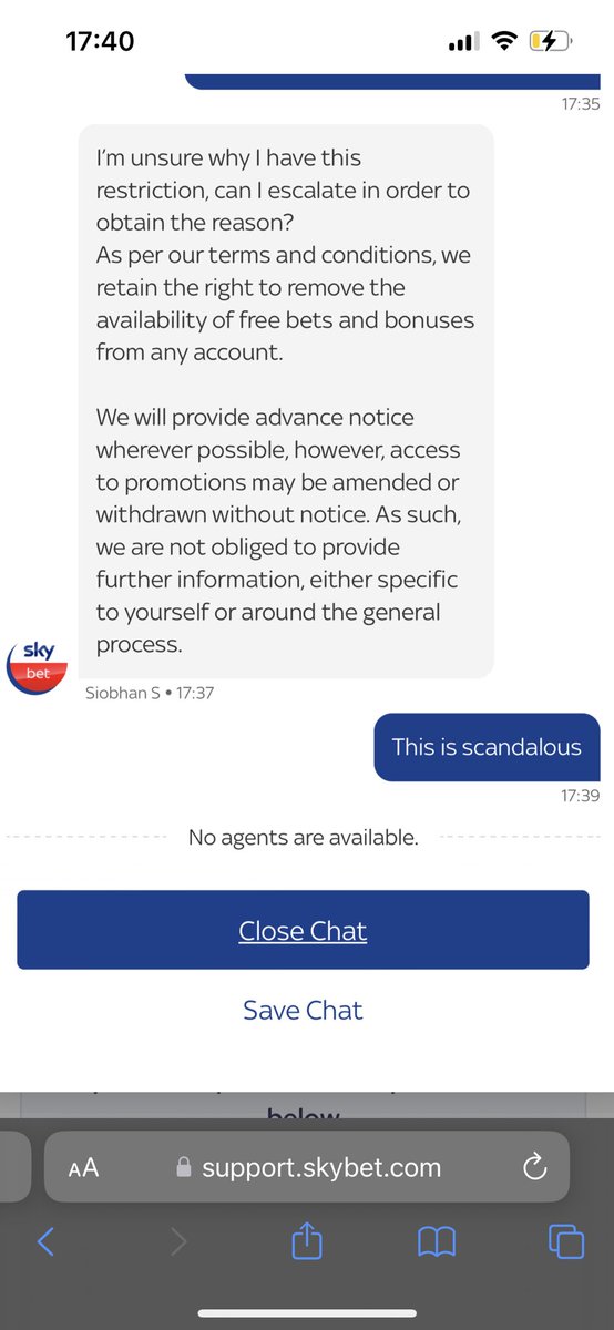 JonoBlake19's tweet photo. @SkyBet @SkyBetHelp is this how you treat all your customers? Not giving any valid reason to restrict my account. And your customer service was shocking just leaving the chat. https://t.co/HakqPKhxjm