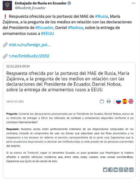 lahistoriaec's tweet photo. Ecuador en medio de la pugna entre Rusia y EEUU. La portavoz del Ministerio de Relaciones Exteriores de #Rusia, María Zajárova, sostuvo que el gobierno de @DanielNoboaOk ha decidido entregar, bajo presiones de #EEUU, armamentos donados por su país. Esto, pese al compromiso firmado de no traspasarlos a terceros sin permisos rusos. "Si se tratara de 'chatarra', según lo denomina #Ecuador, es poco probable que Washington le hubiera ofrecido a cambio vehículos modernos que, entre otras cosas, cuestan unas sumas considerables", agregó Zajárova.