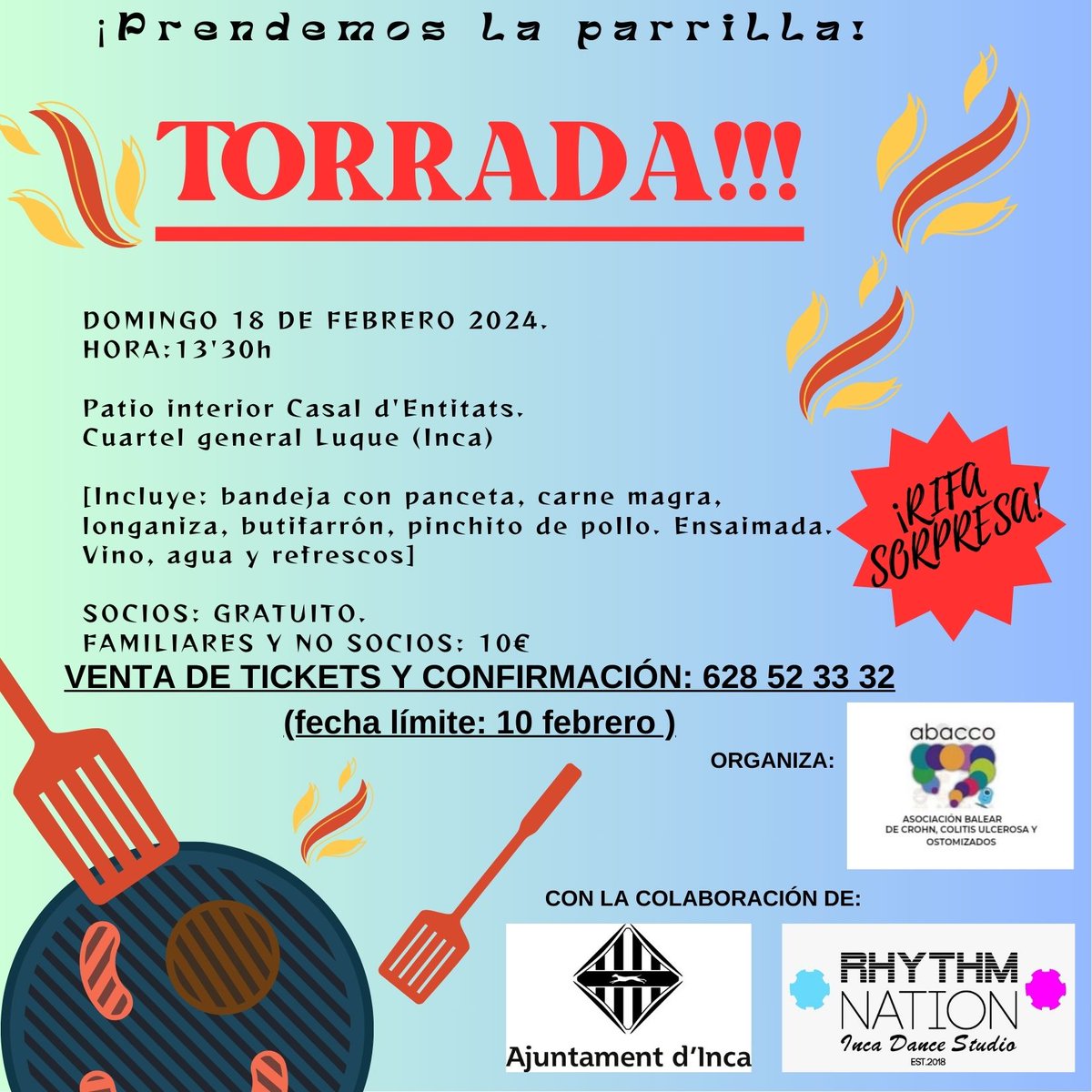 PacientesABACCO's tweet image. ¿Quieres pasar un buen rato con nosotros?.
 Os invitamos a la 🔥TORRADA 🔥🥩🥓  organizada para el próximo domingo 18 de febrero a las 13'30h  en colaboración con @incaciutat y la escuela de baile   @RhythmNationIn
Imprescindible CONFIRMACIÓN: 628523332.