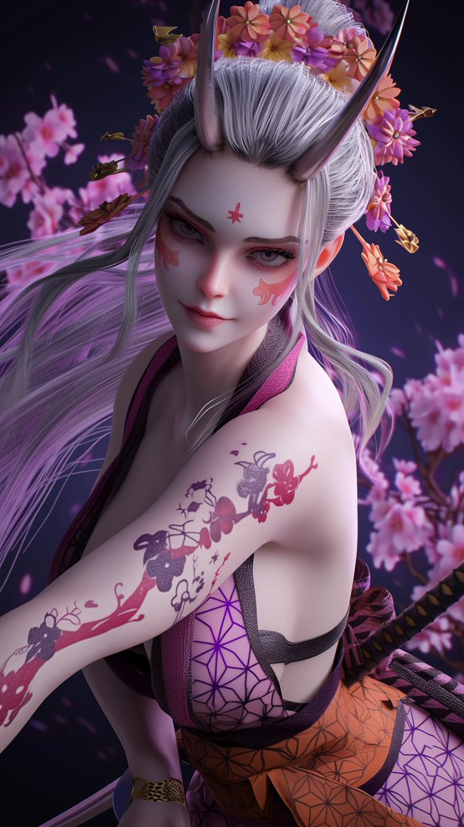 Artedeingenio's tweet photo. I haven't seen the anime Demon Slayer (kimetsu no yaiba), but I see it's very popular, and several people here encouraged me to recreate some of the characters.

It was not easy for me. Niji 6 is able to recognise the features of the main characters (Nezuko Kamado, Daki), but there is something in the way they are depicted that doesn't quite convince me.

Furthermore, I lack references.

Perhaps another time I will return to these characters with a different prompt and a different style that suits them better.

I share the prompts in the ALT 👇

#nijijourneyv6 #Niji6 #PromptShare #aiartcommunity
