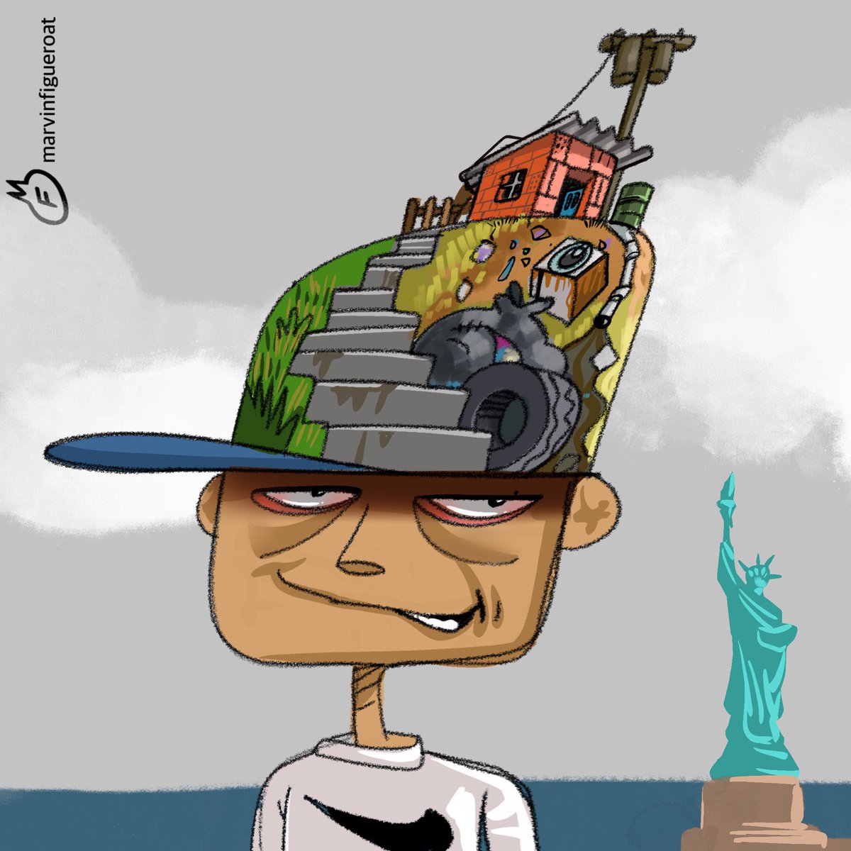 Ni que te mudes a la luna… primero hay que limpiar esa cabeza #ny #migrantes #venezuela  #caricaturadeldia #marvinfigueroat