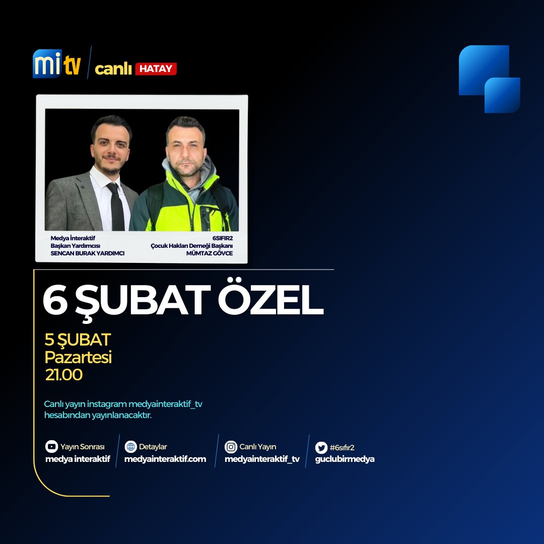 ⬛Hüzün, acı ve sabır dolu 365 günün ardından depremi, Hatay'ı, acılarımızı konuşacağız. Medya İnteraktif Başkan Yardımcımız <a href="/sencanburak_/">Sencan Burak Yardımcı</a> sunuyor, <a href="/6SIFIR2dernegi/">6SIFIR2 Çocuk Hakları ve Afet Mücadele Derneği</a> Başkanı <a href="/mumtazgovce/">Mümtaz Gövce</a> konuk oluyor. 5 Şubat akşamı 21.00'da canlı yayında Instagram'da buluşalım.

♥️#6şubat  #deprem