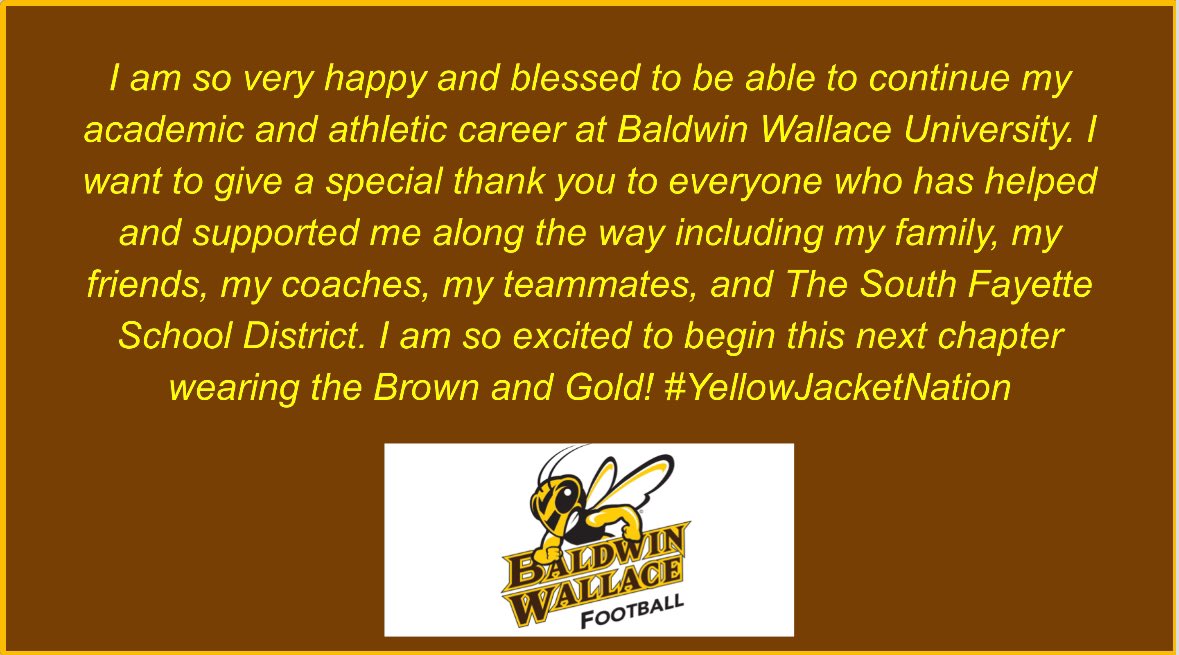 Committed!! 🤎💛 #BW #YellowJackets @BWYJFootball <a href="/CoachHilvert/">Jim Hilvert</a> <a href="/CoachOrts/">Mike Orts</a> <a href="/CoachBMiller17/">Brenton Miller</a> <a href="/EthanNichol10/">Ethan Nichol</a> <a href="/CoachMoulds/">Coach Moulds</a> <a href="/coachjoerossi/">Joe Rossi</a> @CoachSpieler <a href="/rfaraci71/">Coach Faraci</a> <a href="/fronkb13/">Bruce Fronk</a> <a href="/KraigKing2/">Kraig King</a> <a href="/wpialsportsnews/">WPIAL Sportsmen</a> <a href="/210ths/">2Tenths Speed & Agility</a> <a href="/Cover3_ATH/">Cover Three Athletics</a> <a href="/WPIAL_Insider/">WPIAL Insider</a>
