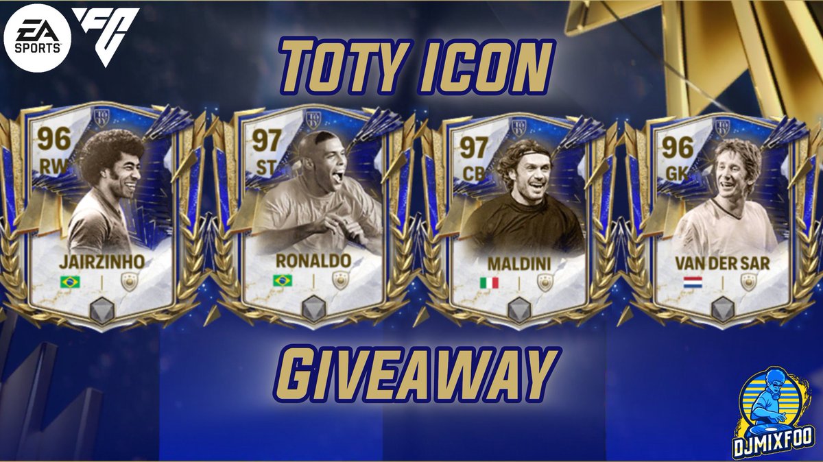 djmixfoo's tweet photo. TOTY Event Icon Giveaway 🚨 sponsored by @EASFCMOBILE

Choice between any Toty Event Icon (tradable)

To enter:
1. Retweet
2. Follow us and @EASFCMOBILE
3. Comment with subscribe to my YouTube channel

Winner chosen 8PM UTC 6/2 https://t.co/lWYVj16MyI