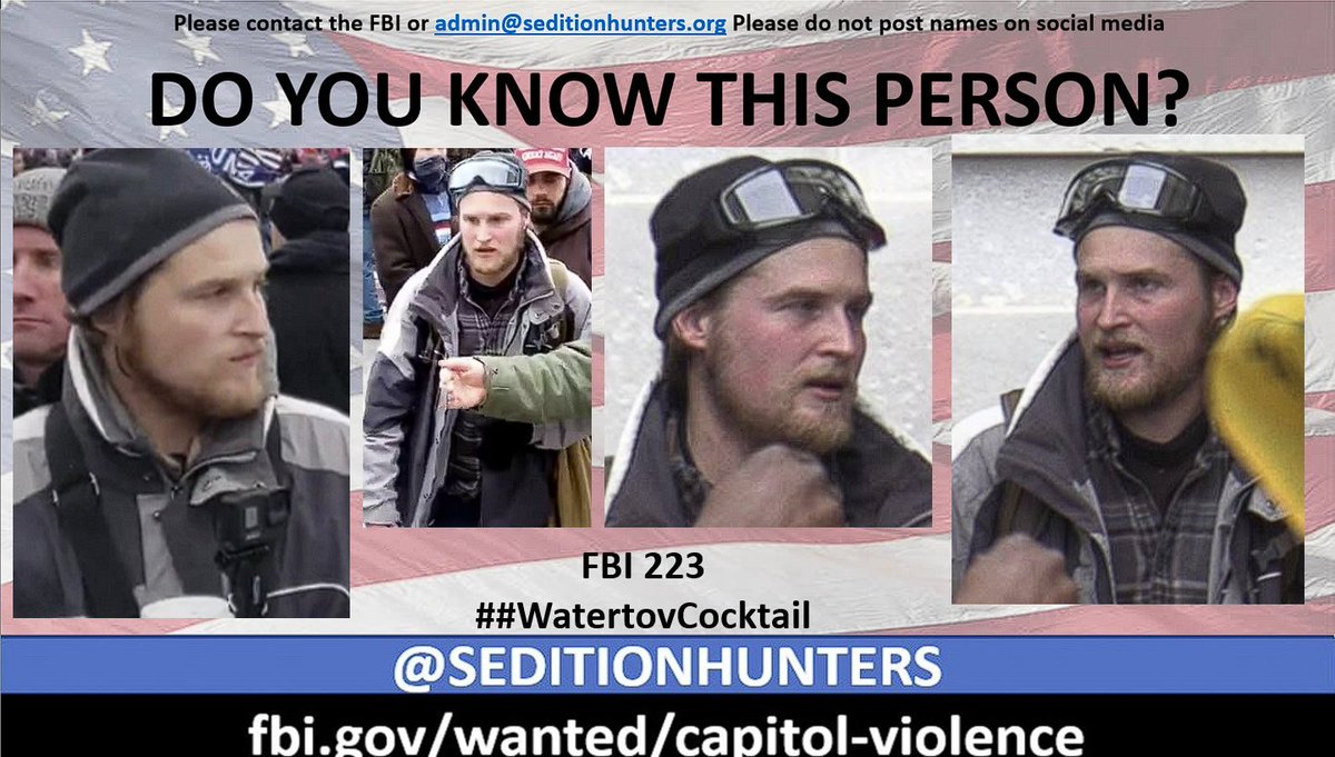 Please share across all platforms. Do you Know this person?? Please contact the FBI with Photo 223 tips.fbi.gov or contact us at admin@seditionhunters.org Please do not post names on social media #WatertovCocktail #CapitolRiots