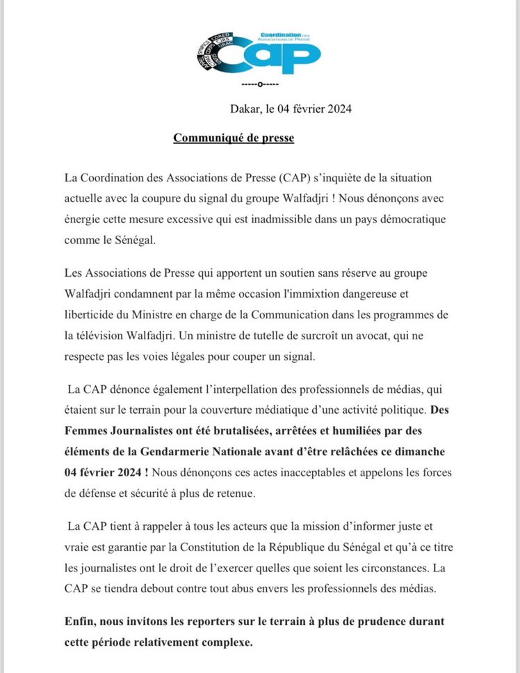 Ahmadoubamba36's tweet photo. La CJRS exprime sa désapprobation face à la suspension du signal du groupe Walfadjri !
Nous condamnons vigoureusement cette mesure excessive, inacceptable dans un pays démocratique tel que le Sénégal.
#FreeWalf📺🇸🇳
#FreeSenegal https://t.co/cPaNao8Mjr