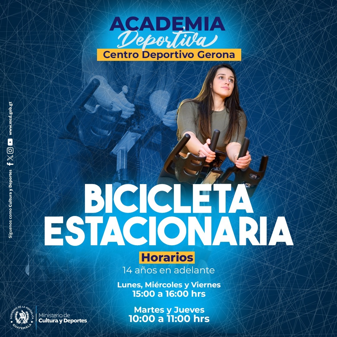 ¡Pedalea hacia la mejor versión de ti! 🚴‍♀️ Inscríbete gratis en la academia de Bicicleta Estacionaria en el Centro Deportivo Gerona y descubre el camino hacia una vida más saludable. 

#CulturaMotorDesarrolloGT #3milAñosRiquezaCulturalGT #GuatemalaAvanza