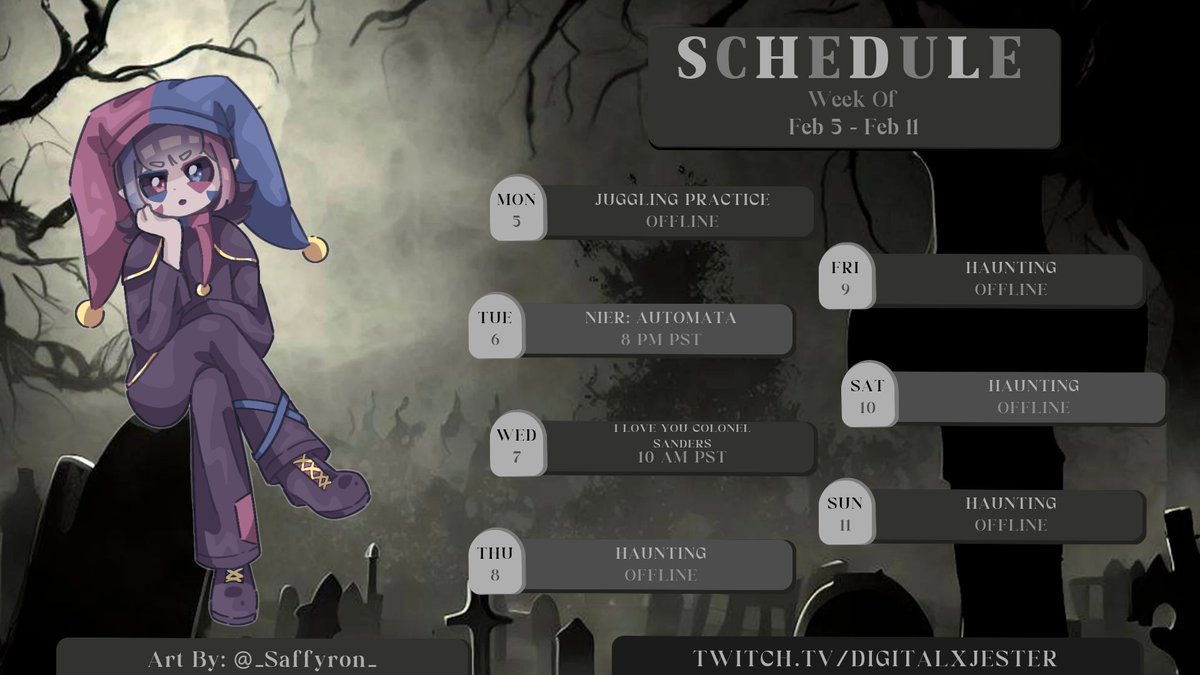 DigitalxJester's tweet image. A̴͕͕̖̠͌̉́͐͠Ȁ̵̩̝͇̪͓͚͂͑̓̓̊̌͒͜͝͝Ả̸̯͚̮͓̰̭̿̂̈́̅̃̆̿͜͜A̶̝̍̿͝Ä̴̗͙̥͉͕̫̝̯́̅͗͌̃̚͠Ǎ̷̼̞͕̿͘A̸̡̹̰̋̉̾̎̀̓̀̐̕

SCHEDUAL ALERT
🃏🪦🎭
#vtuber #pngtuber #VtuberSupport #ENVtuber #VtubersUprising #streamer #twitchstreamer #streamschedual #NieRAutomata #datingsim #jester #clown