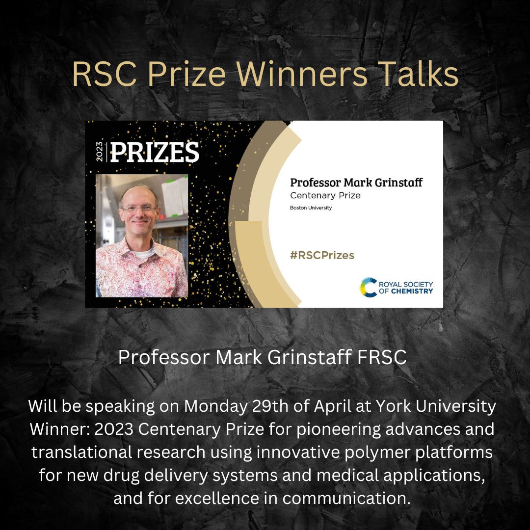 Yet another Great RSC Central Yorkshire Award Lecture!!!
Professor Mark Grinstaff FRSC Will be speaking on Monday 29nd of April at York University
If you would like to attend please contact our very own Chair Dr. Derek Wann Email: derek.wann@york.ac.uk
#rsccentralyorks #chemistry