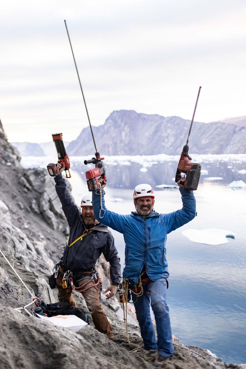 🚤 Boating to work in the fjord, we saw climbers as tiny ants on Ingmikortilaq, one of the world's tallest walls. Watching their skills was humbling. Grateful for @AldoKane and @mikeylikesrocks helping us place instruments in treacherous conditions. 📸@pablo_durana