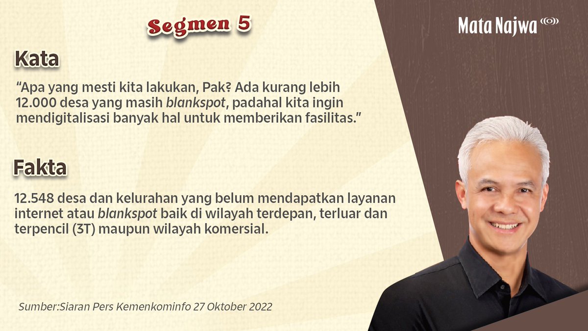 NarasiNewsroom's tweet photo. Ganjar Pranowo mengatakan sebanyak 12 ribu desa masih blankspot (daerah yang tidak mendapat sinyal dari menara telekomunikasi). 

Bagaimana faktanya?

#DebatCapres #NobarDebatdiNarasi #LayarTancapMataNajwa #SuaraPenentu