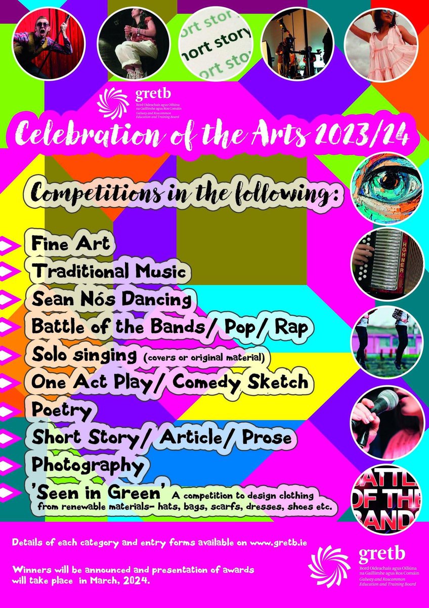 chreagain's tweet photo. Celebrate the Arts with Coláiste an Chreagáin and GRETB. Enter the competition in your chosen category - open to all year groups. 
Click on the link to access application form &amp; further information: 
https://t.co/7FCO63G7W8 https://t.co/OMxlujpno9