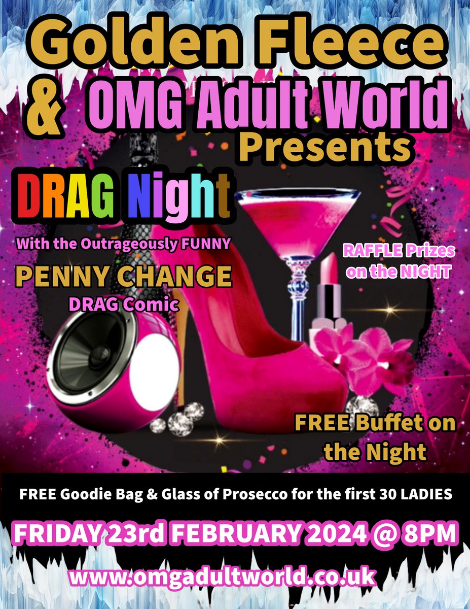 private_shopsuk's tweet photo. to Celebrate the NEW "OMG Adult World" Store in Chesterfield Join us in a DRAG Night to Remember on Friday 23rd February 8pm with PENNY CHANGE the outrageously FUNNY Drag Comic.
FREE Buffet on the Night PLUS a FREE Goodie Bag for the first 30 Ladies. #DragNight #Chesterfield https://t.co/csR5PTdtzH